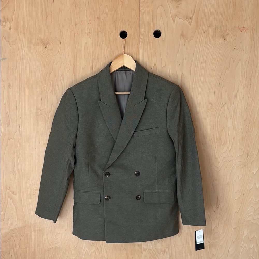 Abercrombie & Fitch Olive Linen-Blend Double-Breasted Blazer